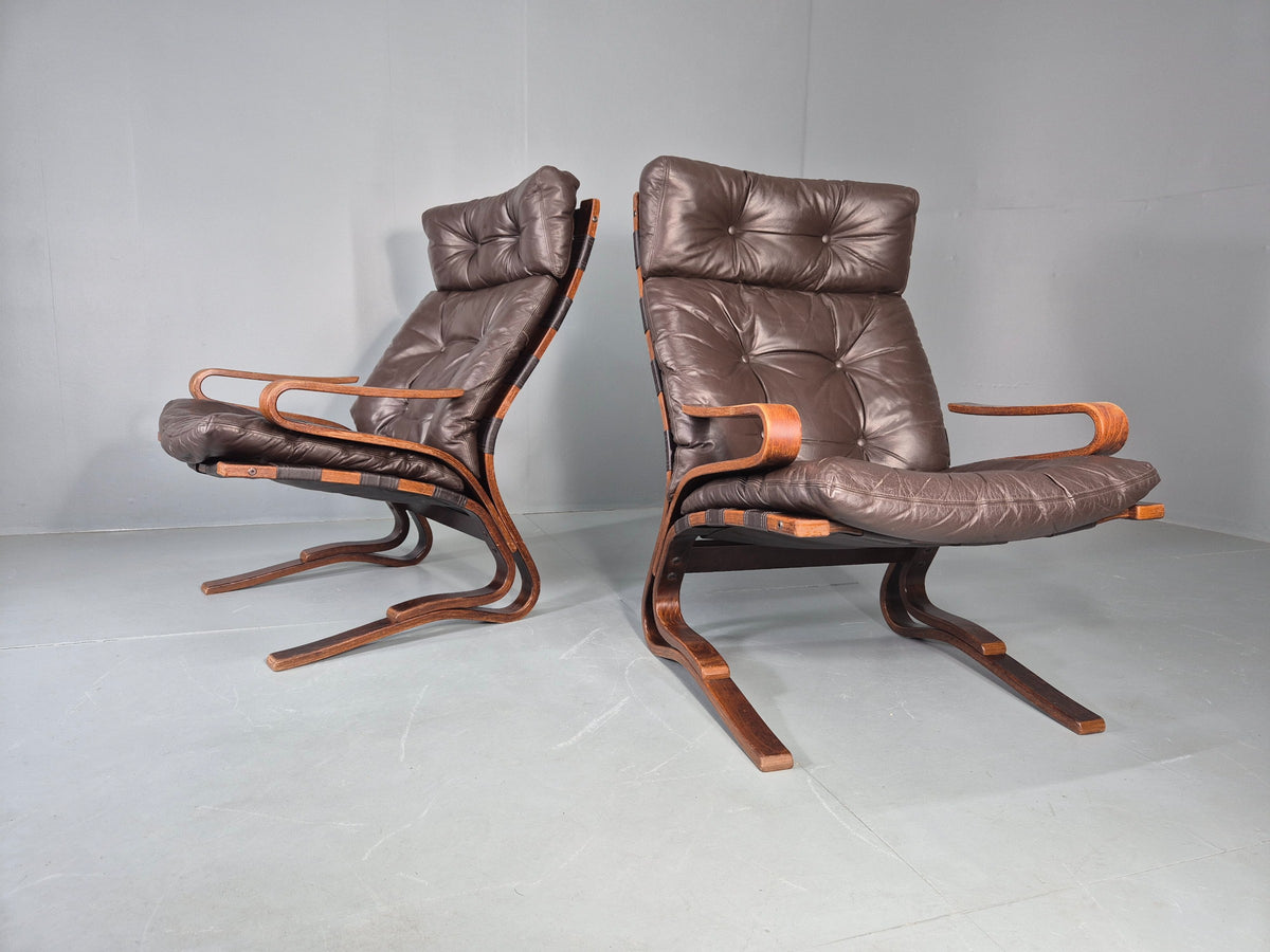 2 Vintage Skyline Leather Lounge Chairs High Back Bentwood Frame Retro EB13085