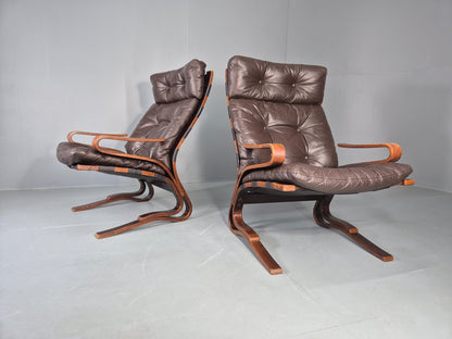 2 Vintage Skyline Leather Lounge Chairs High Back Bentwood Frame Retro EB13085