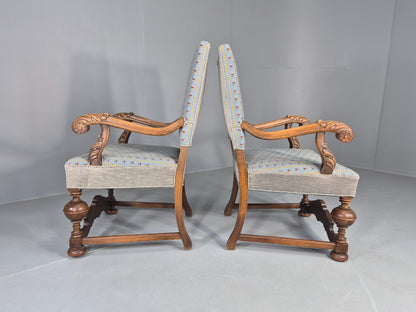 2 Vintage Danish Baroque Revival Lounge Chairs Oak Frame Tapestry Floral EB12643