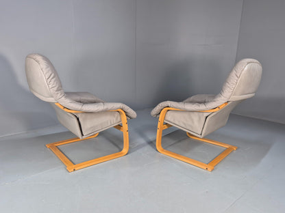 2 Vintage 1980s Leather Lounge Chairs Bentwood Frames Danish Retro MCM EB09253