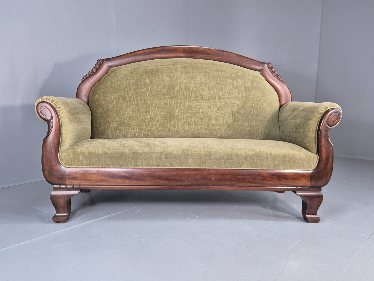 Antique 2 seater Sofa curved back rail Mahogany Exposed Frame 1900s EB12757