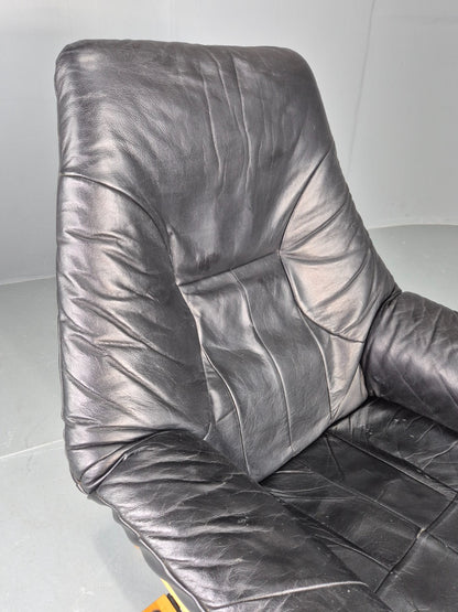 Vintage Danish Swivel Recline Chair Black Leather Bentwood 1980s Retro EB9254