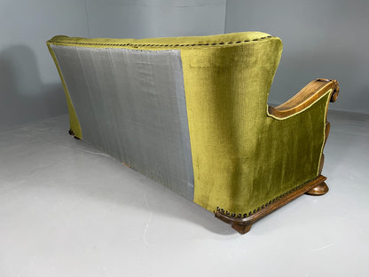 Antique 3 Seat Sofa Danish Oak Frame Green Velour 1900s EB06460