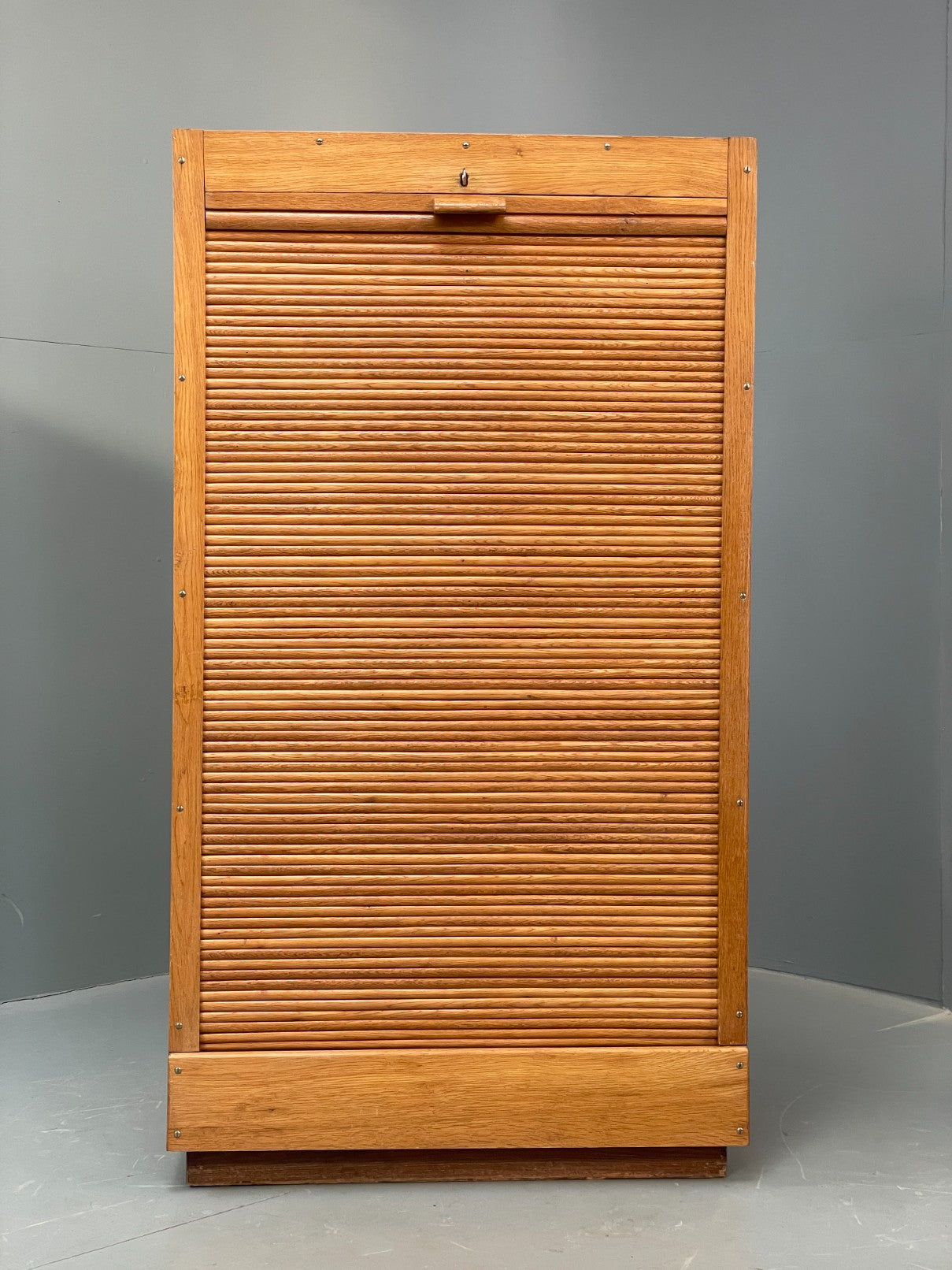 Vintage Tambour Fronted Cabinet Oak Walnut Danish Mid Century Shelving EB12516