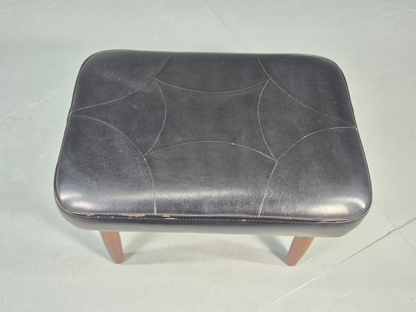 Vintage Danish Mid Century Footstool Black Vinyl Teak Legs Retro 1960s EB12156