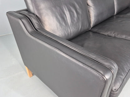 Vintage Danish 3 Seat Sofa Black Leather Mogensen Style 1980s Retro MCM EB12445