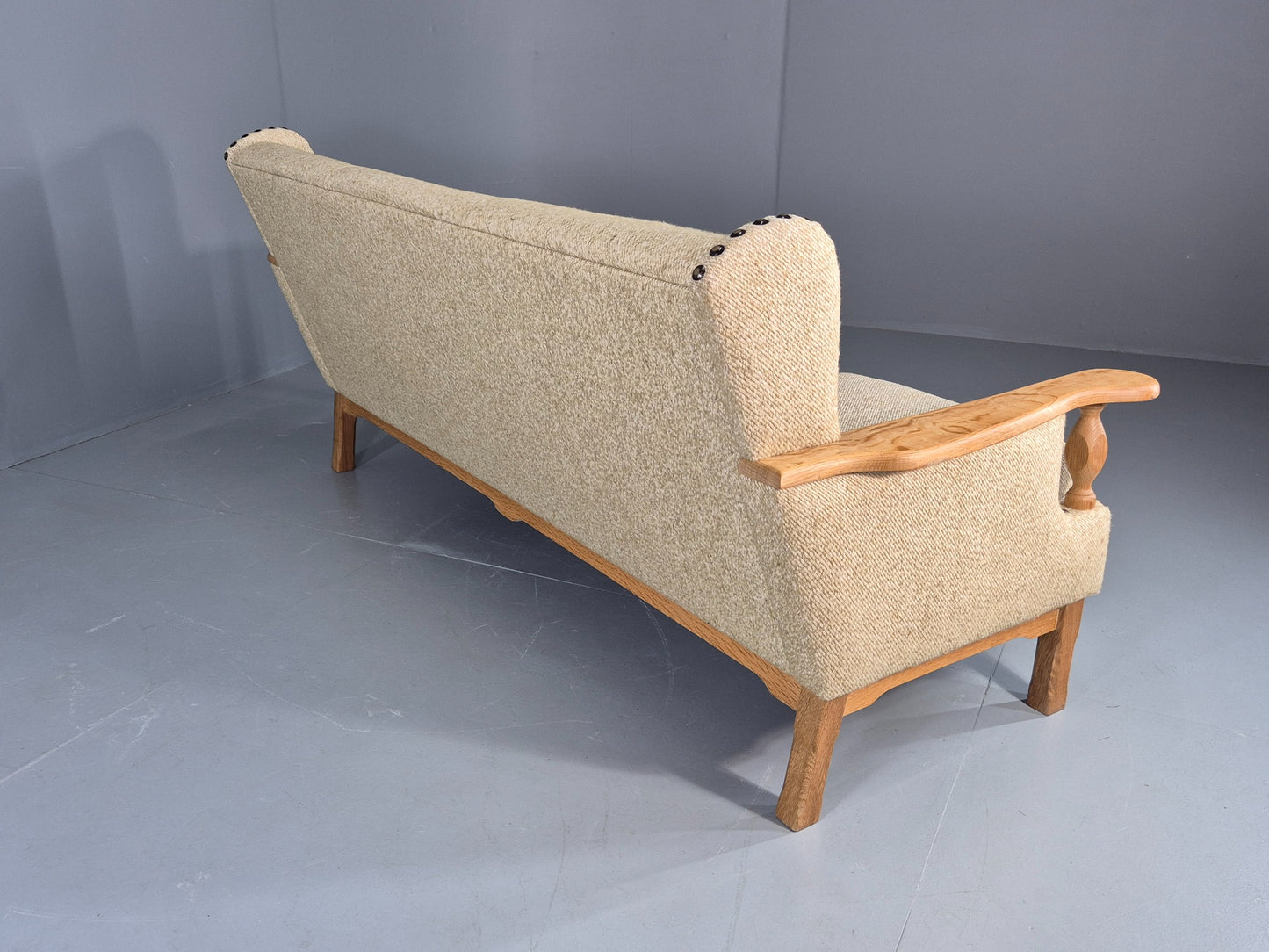 Vintage 3 Seat Sofa Danish 1970s Oak Frame Cream Wool Cloth Retro  EB12753
