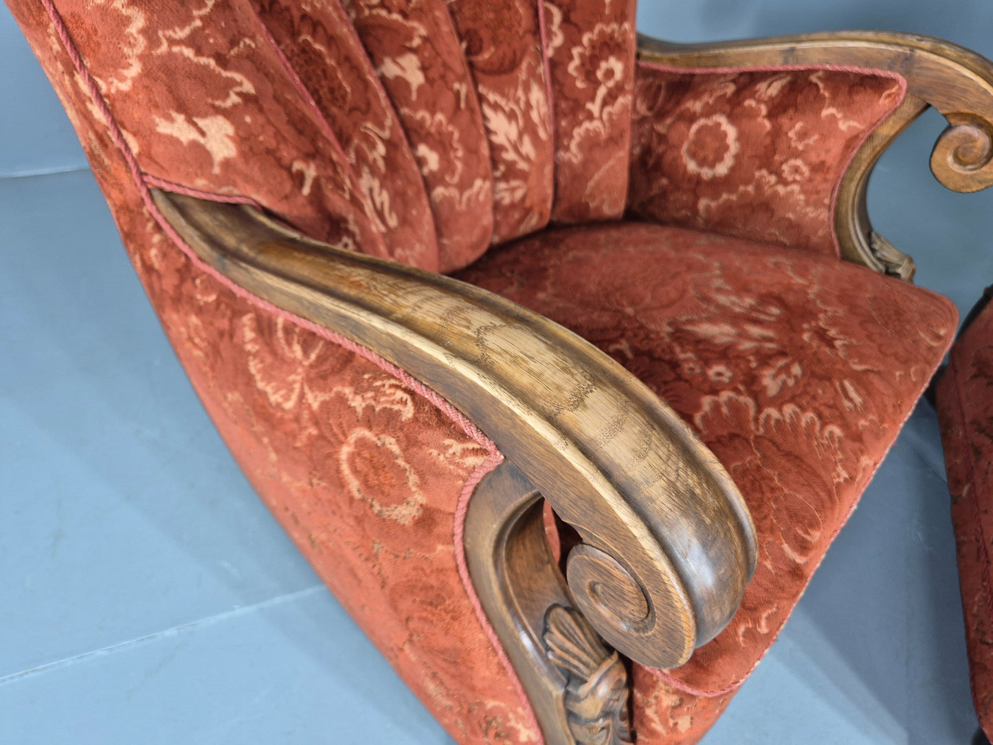 2 Vintage Danish 40s Lounge Chairs Carved Frame Cut Moquette Upholstery EB12906