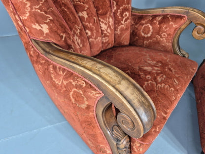2 Vintage Danish 40s Lounge Chairs Carved Frame Cut Moquette Upholstery EB12906