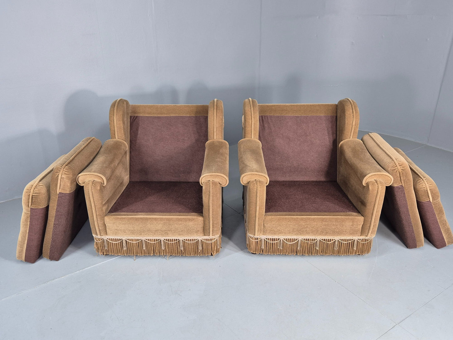 Vintage 1970s Lounge Chairs Green Velour Tassels Wing Back Danish Retro EB12137