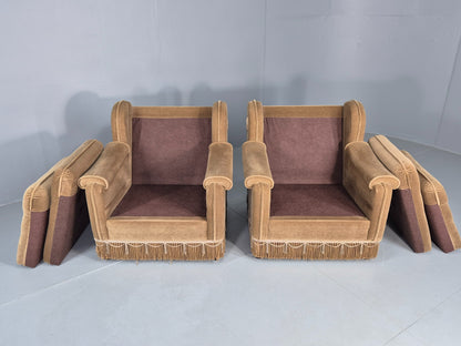 Vintage 1970s Lounge Chairs Green Velour Tassels Wing Back Danish Retro EB12137