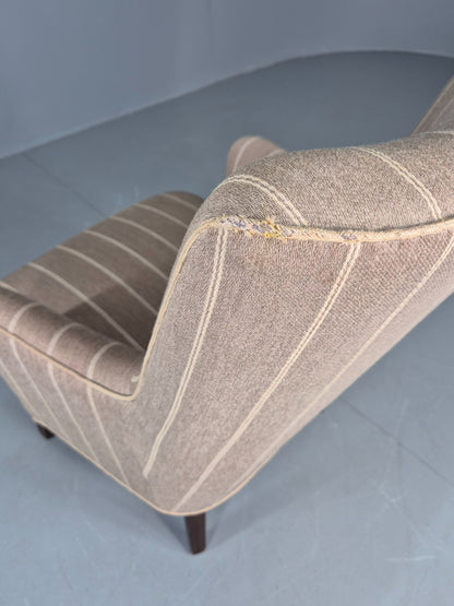 Vintage Danish Mid Century Lounge Chair Grey Cream Stripe 1960s Retro  EB12779