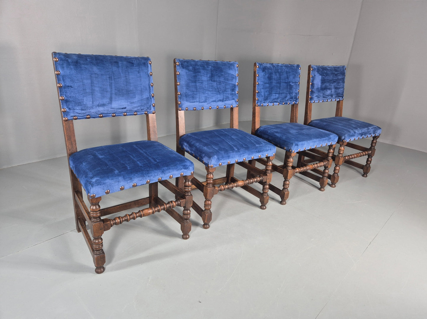 Antique Louis XIII Style Oak Dining Chairs Blue Velour Upholstery EB12795