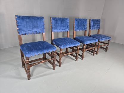 Antique Louis XIII Style Oak Dining Chairs Blue Velour Upholstery EB12795