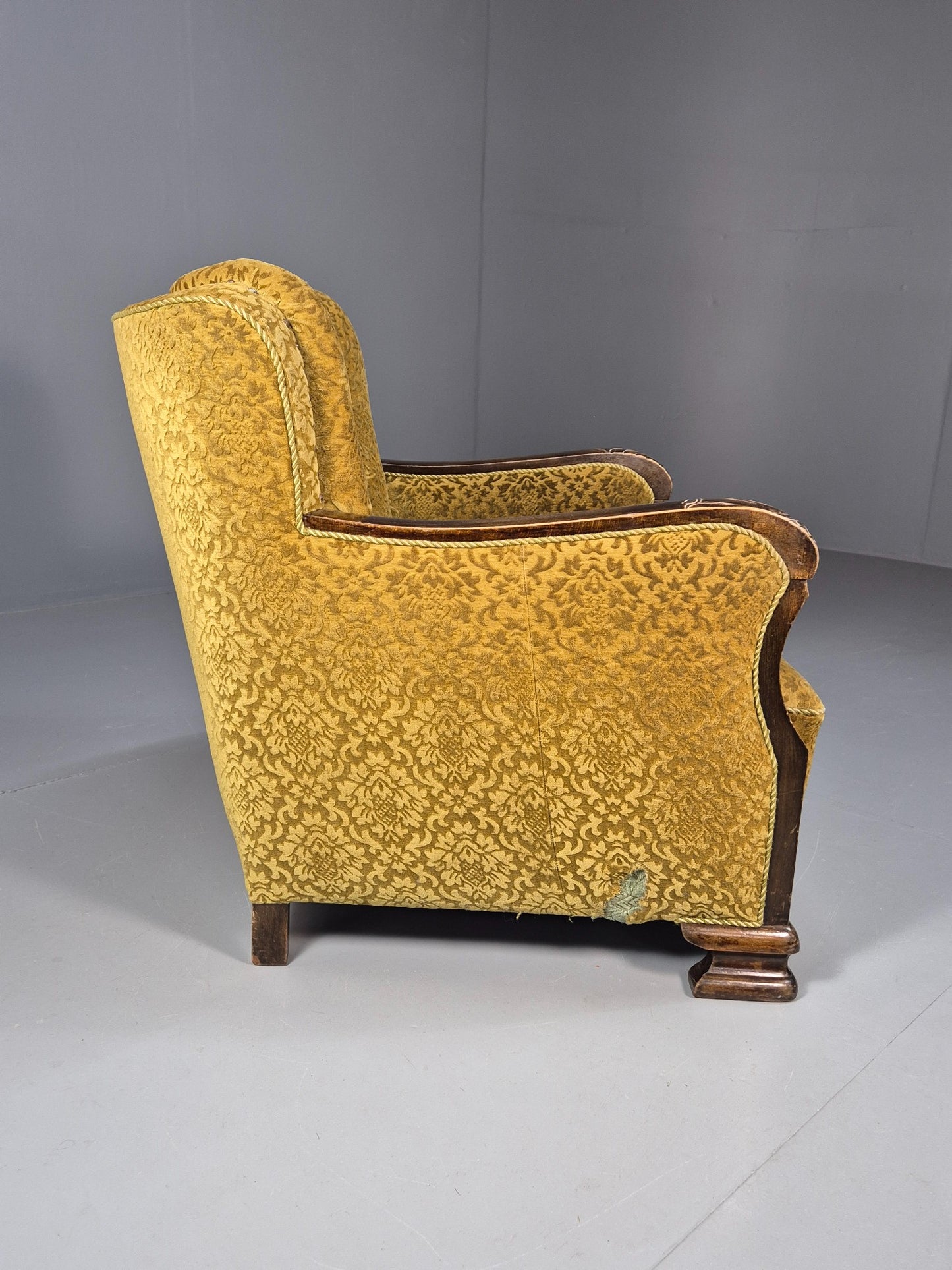 Antique Danish floral Mustard Colour Armchair 1920s Wood Frame EB08975