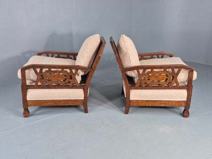 Vintage Art Deco Pair Armchairs Dappled Walnut White Boucle Bergere EB12556