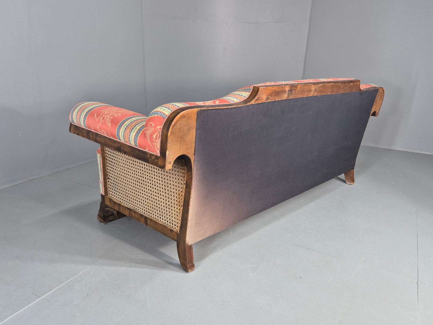 Vintage 3 Seater Sofa Art Deco Bergere Walnut Frame Cotton Colourful EB12734