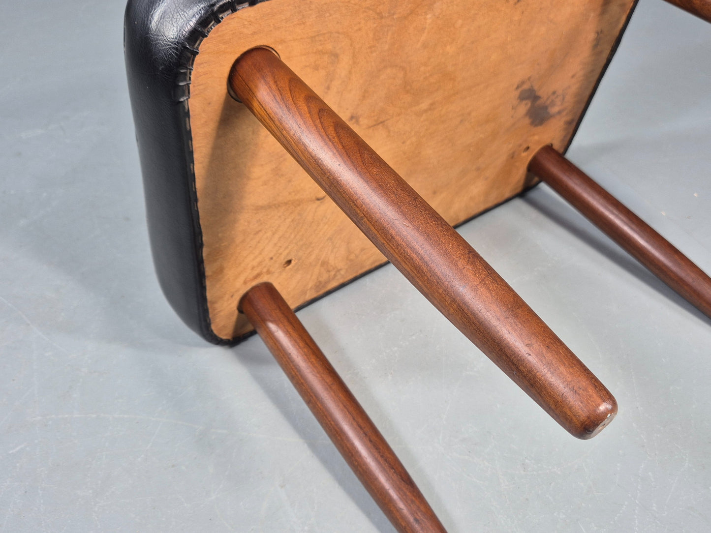 Vintage Danish Mid Century Footstool Black Vinyl Teak Legs Retro 1960s EB12156