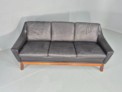 Vintage Mid Century 3 Seater Sofa Black Leather Danish 1960s Retro EB10403