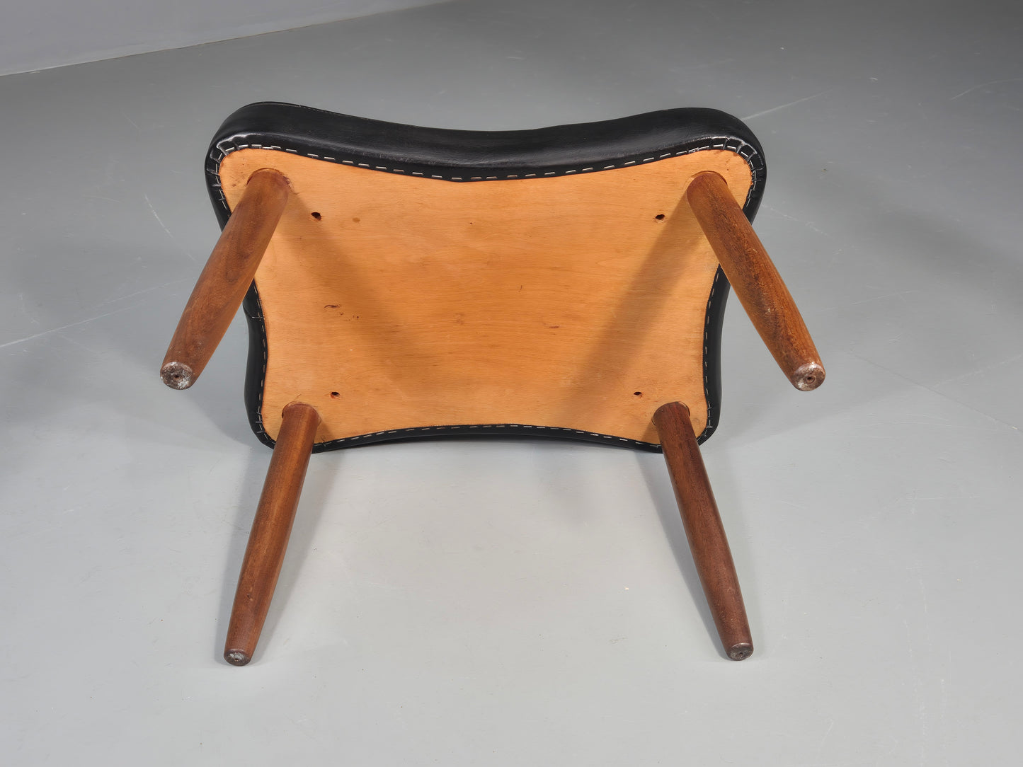 Vintage Mid Century Danish Footstool Black Vinyl Teak Legs 1960s Retro EB12025