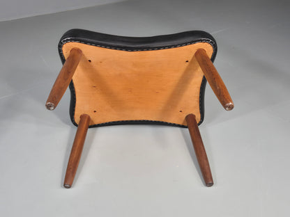 Vintage Mid Century Danish Footstool Black Vinyl Teak Legs 1960s Retro EB12025