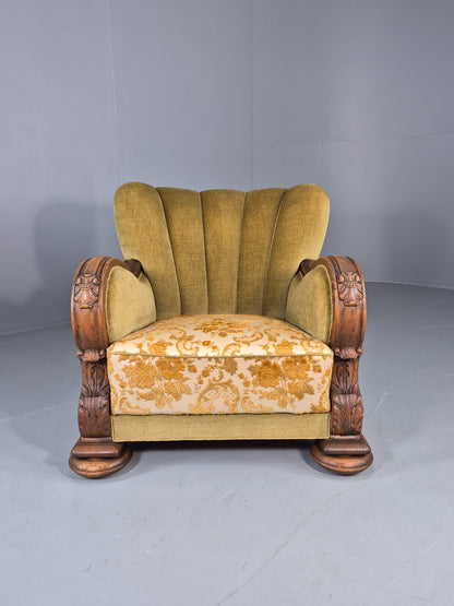 Vintage Danish Art Deco Lounge Chair Carved Oak Frame 1940s Green Floral 12838