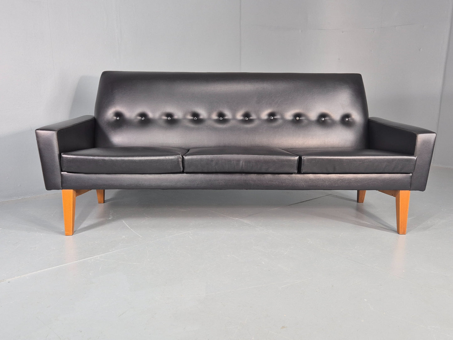 Vintage Three Seat Sofa 1960s Swedish Black Vinyl Upholstery Retro EB11126