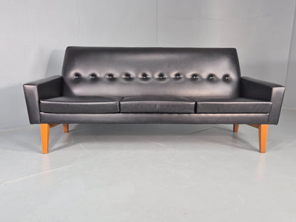 Vintage Three Seat Sofa 1960s Swedish Black Vinyl Upholstery Retro EB11126