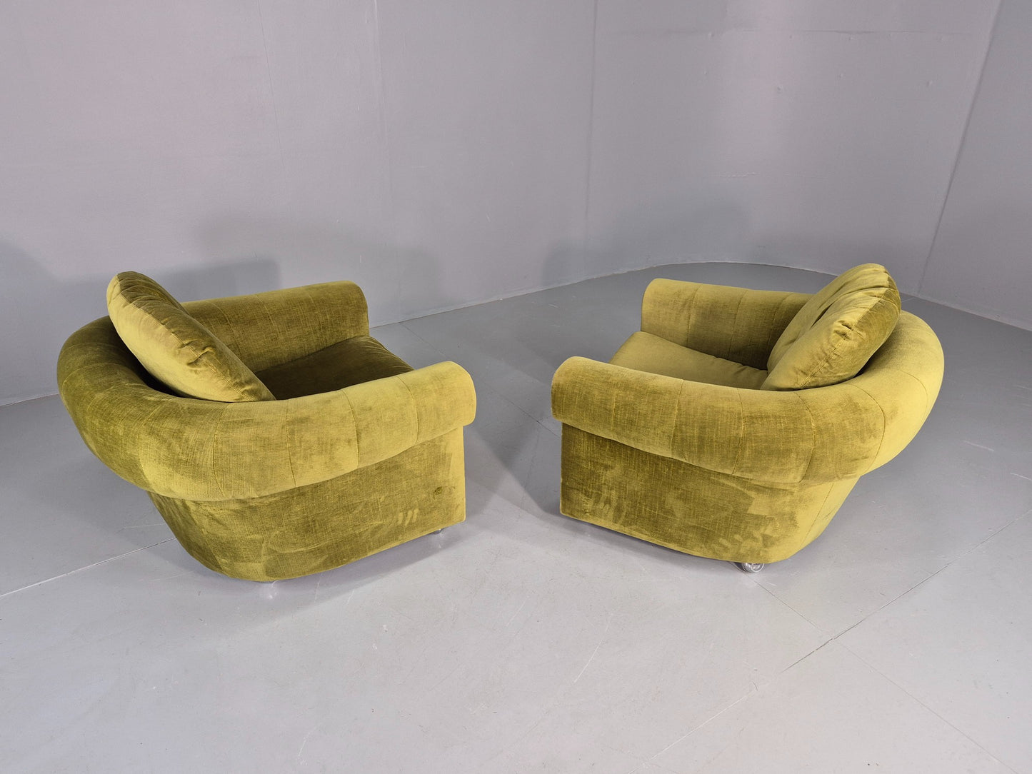 2 Vintage 1970s Lounge Chairs Danish Design Green Velvet Velour Retro EB12640