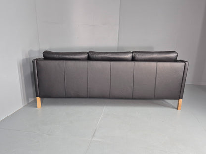 Vintage Danish 3 Seat Sofa Black Leather Mogensen Style 1980s Retro MCM EB12445