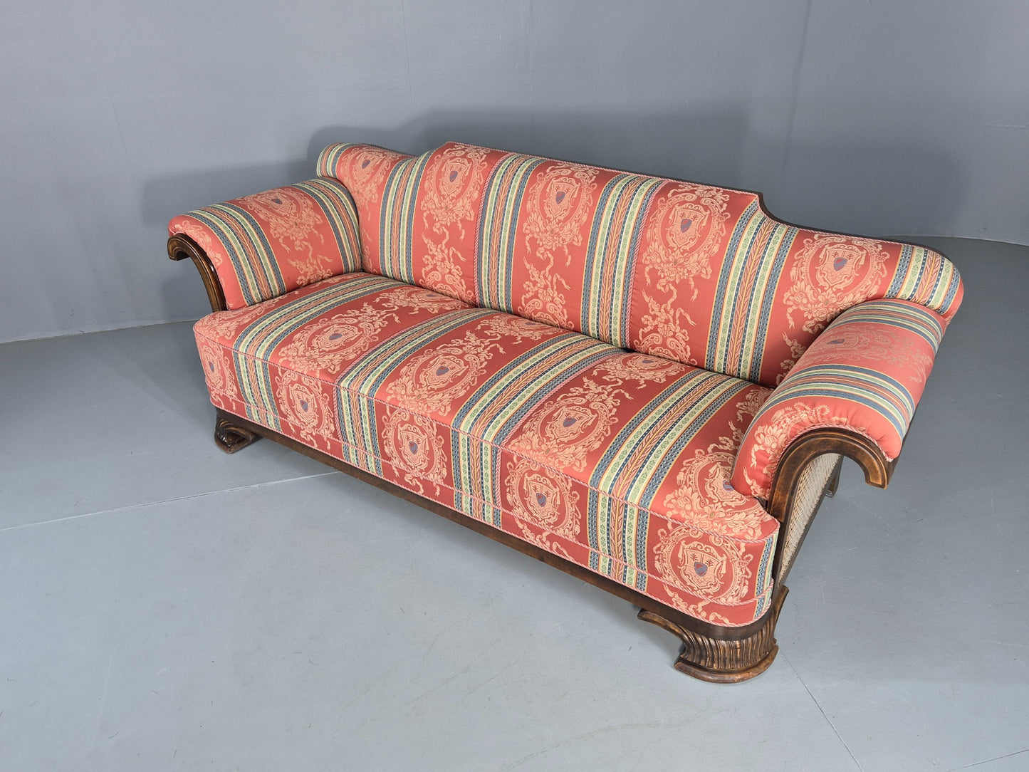 Vintage 3 Seater Sofa Art Deco Bergere Walnut Frame Cotton Colourful EB12734