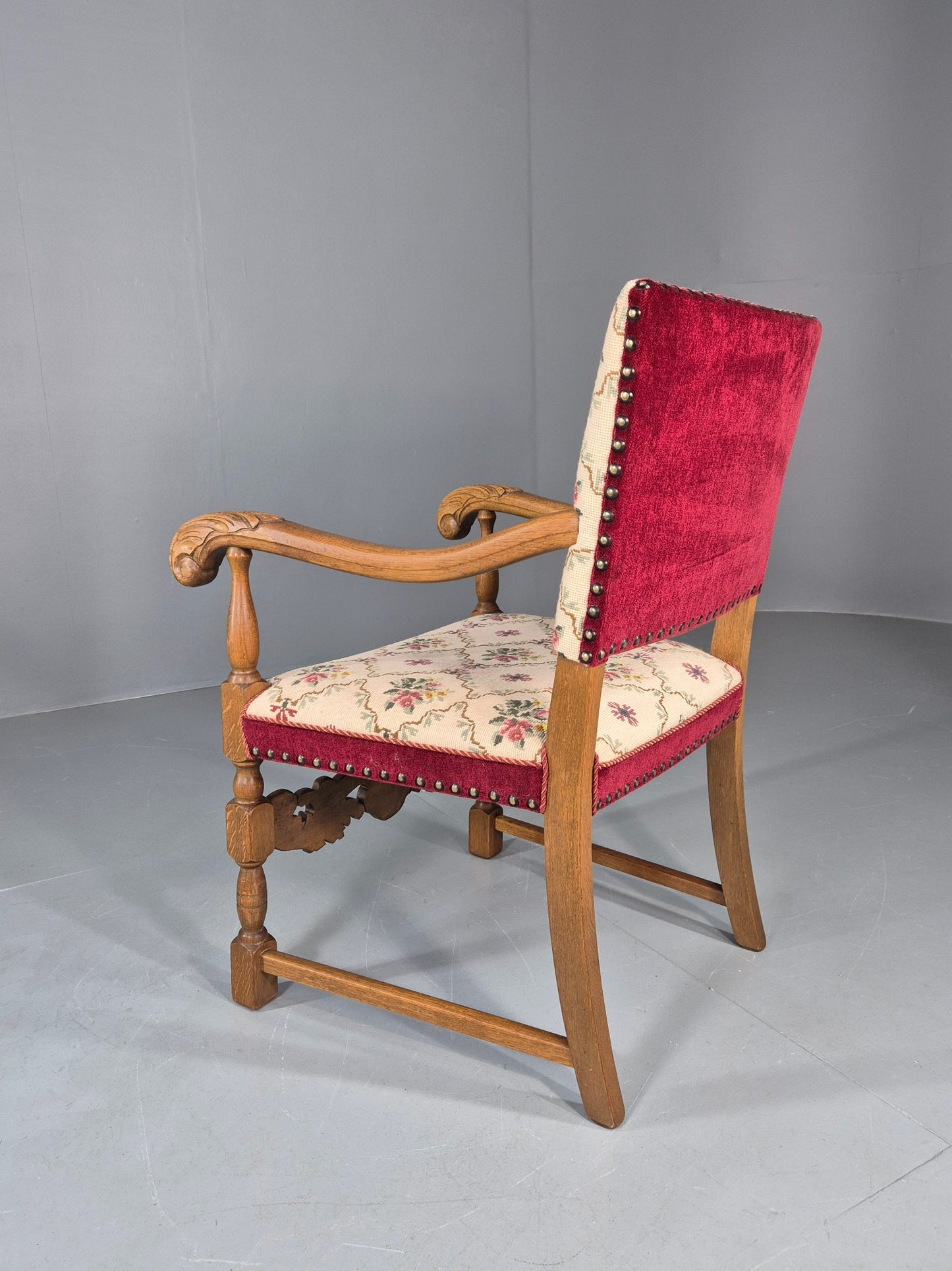 Vintage Danish Baroque Armchair Carved Oak Frame Tapestry Seat EB12113