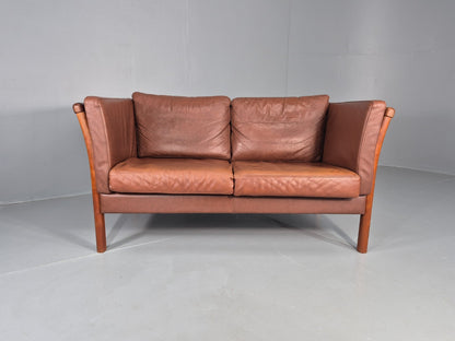 Vintage 2 Seater Sofa Danish Brown Leather Wood Ends Retro 1980s EB8349 M2SS
