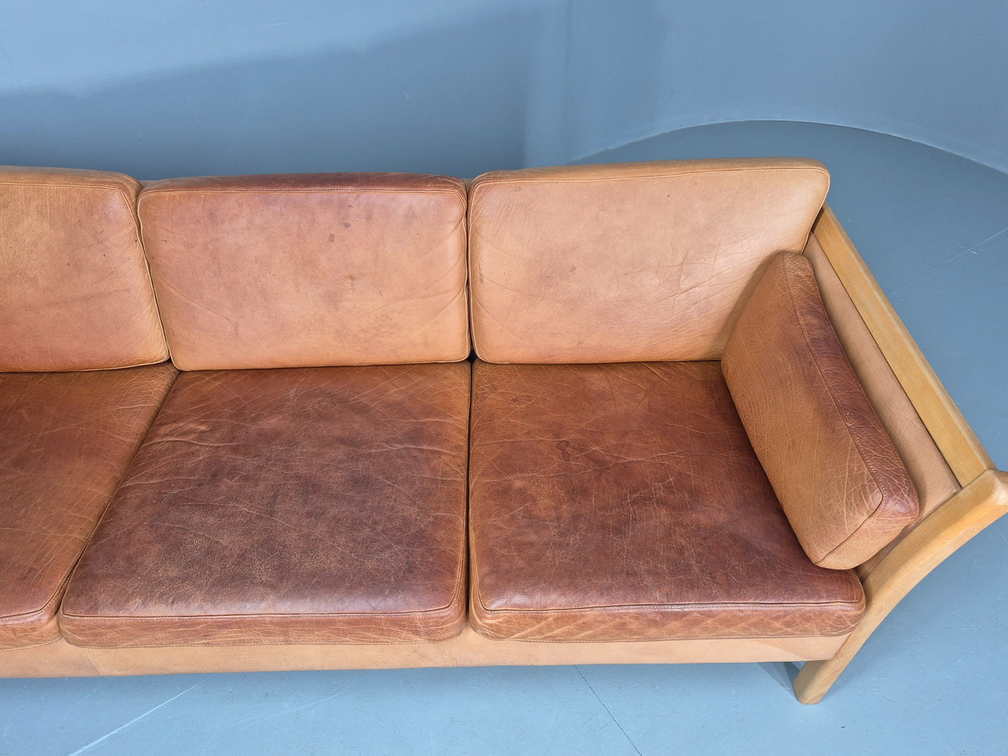 Vintage Stouby 3 seater Sofa Tan Leather 1980s Retro Mid Century Modern EB11610