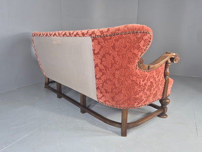 Vintage 3 Seater Sofa Danish Baroque Revival Pink Floral Moquette 1950s EB12698