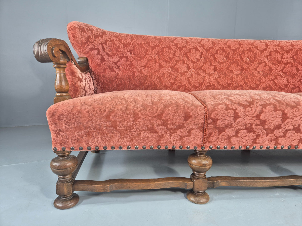Vintage 3 Seater Sofa Danish Baroque Revival Pink Floral Moquette 1950s EB12698