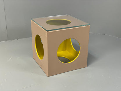 Cube Side Table Glass Top Beige Green Retro Style EB12626