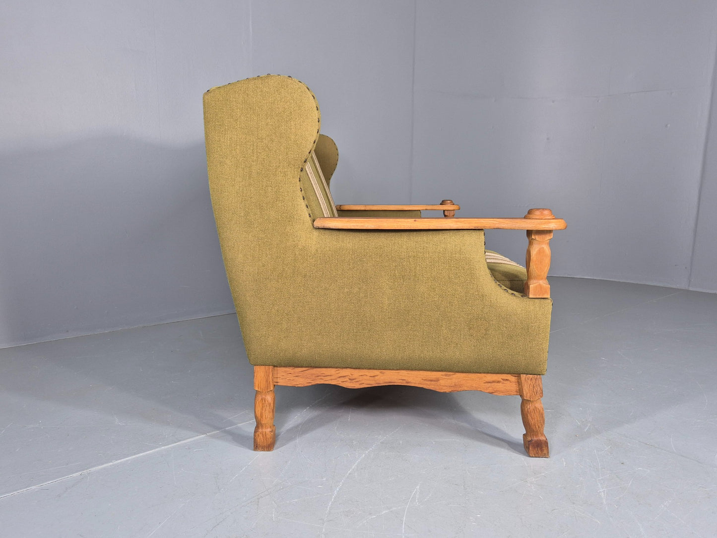 Vintage 2 Seater Sofa Danish Design Kjaernulf Style Green Wool Oak Frame EB12688