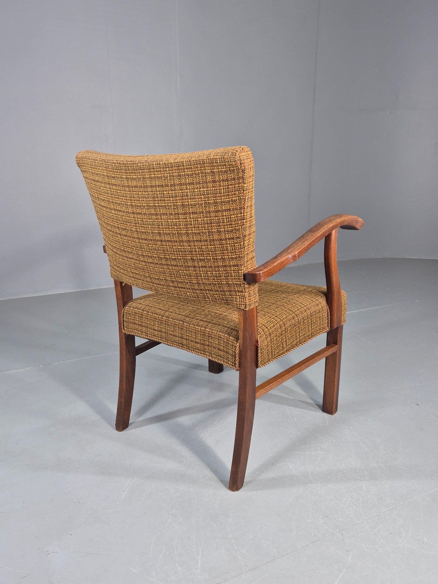 Vintage Elbow Chair 1950s Danish Oak Frame Green Wool Upholstery EB12004