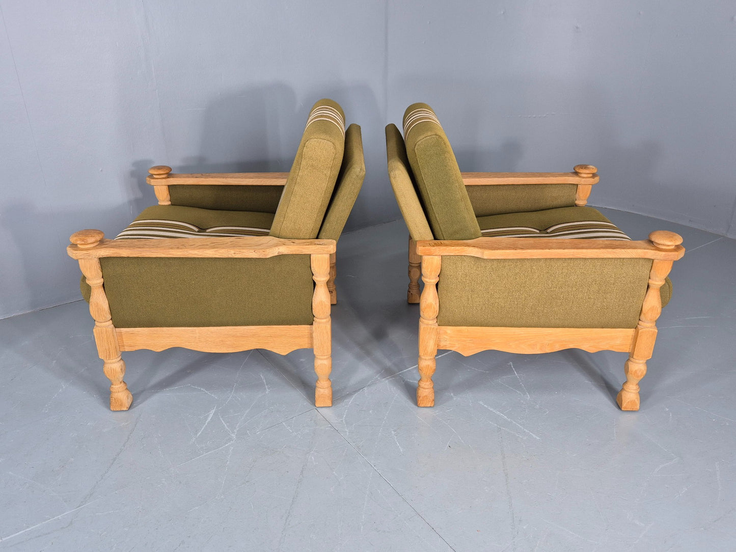 2 vintage Kjaernulf Armchairs with footstool Oak and Green Retro 1970s EB12778