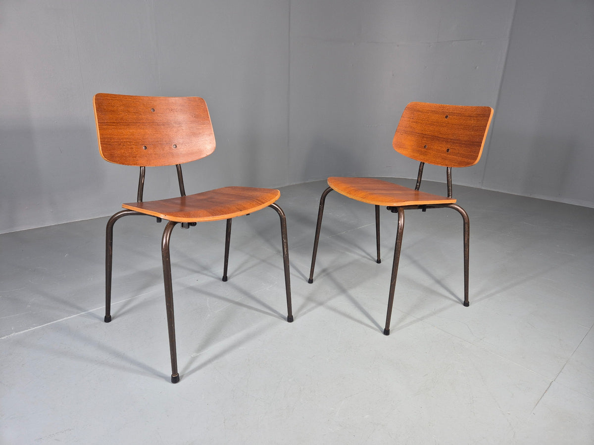 2 Vintage Danish Stacking Chairs Mid Century Industrial Teak Plywood EB13025