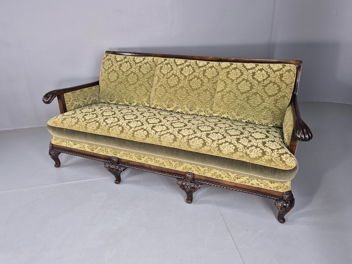 Antique 3 Seater Sofa 1920s Danish Carved Frame Green Moquette  EB12005