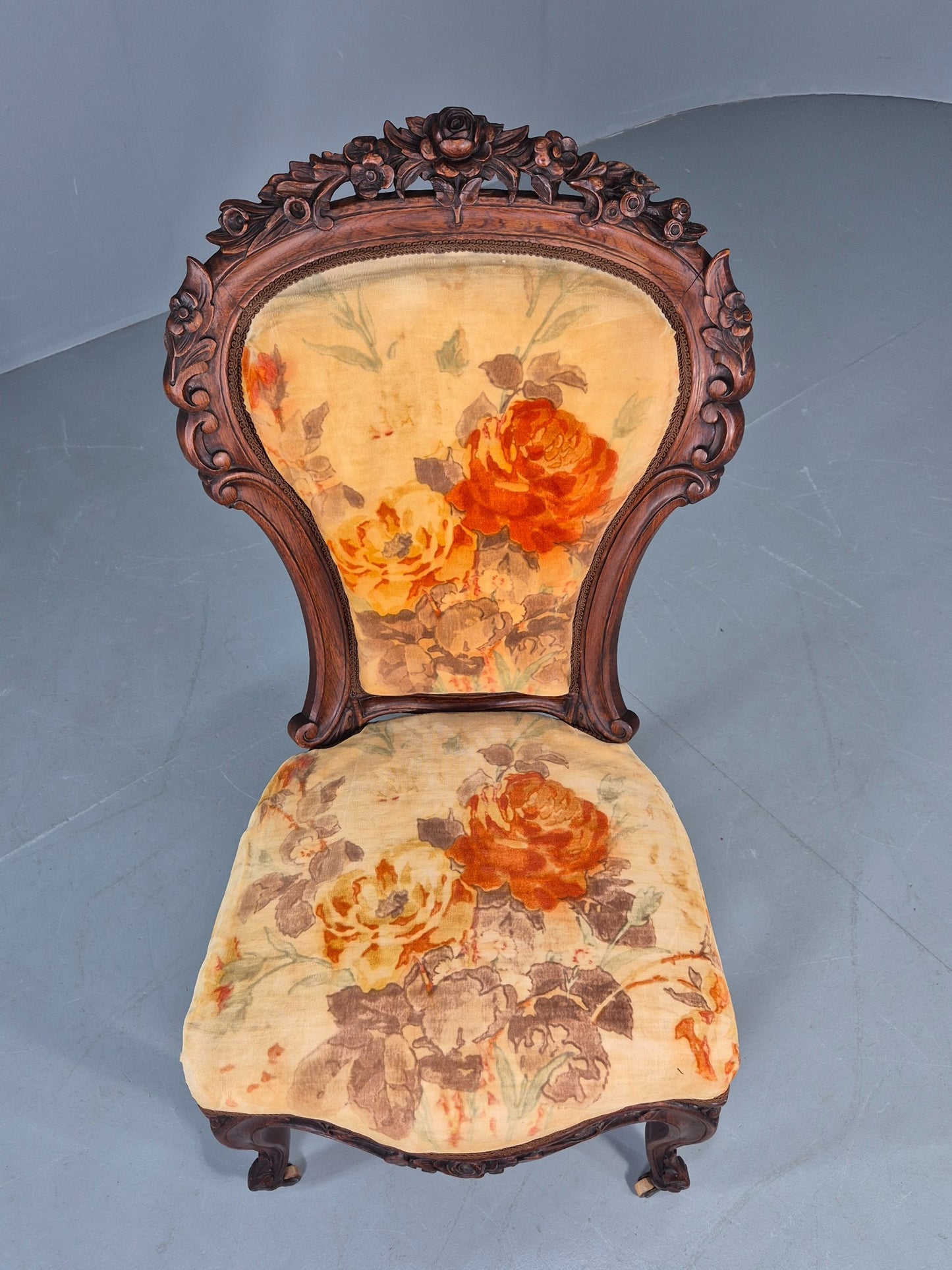 Antique Mahogany Baloon Back Armless Chair Floral Cotton Upholstery EB12793