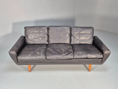 Vintage 3 Seater Black Leather Sofa 1960s Danish Thams Retro MCM EB09926