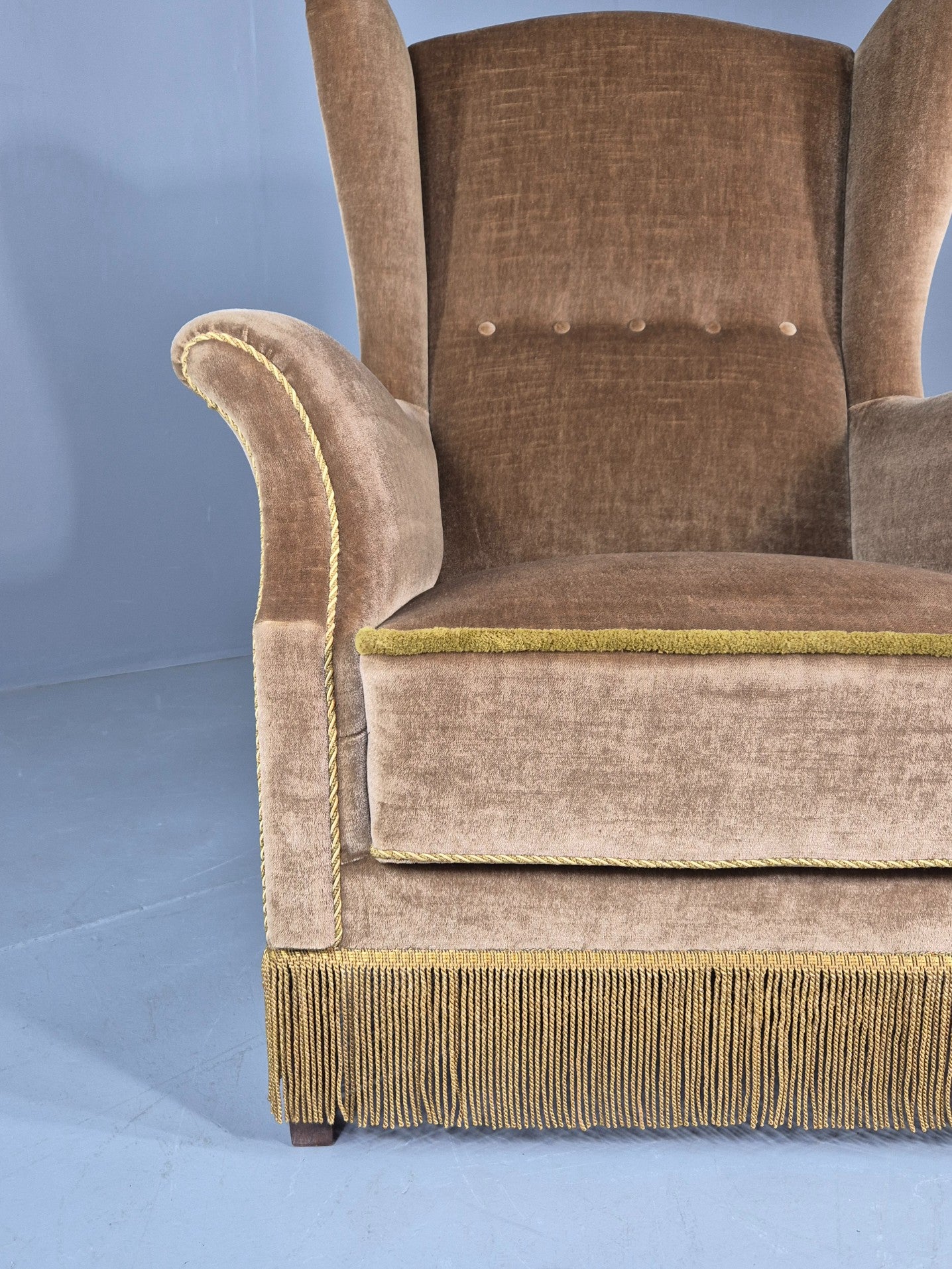 Vintage Wingback Lounge Chair Danish 20th Century Green Velvet Velour EB12706