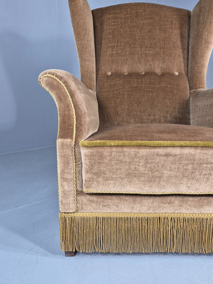 Vintage Wingback Lounge Chair Danish 20th Century Green Velvet Velour EB12706
