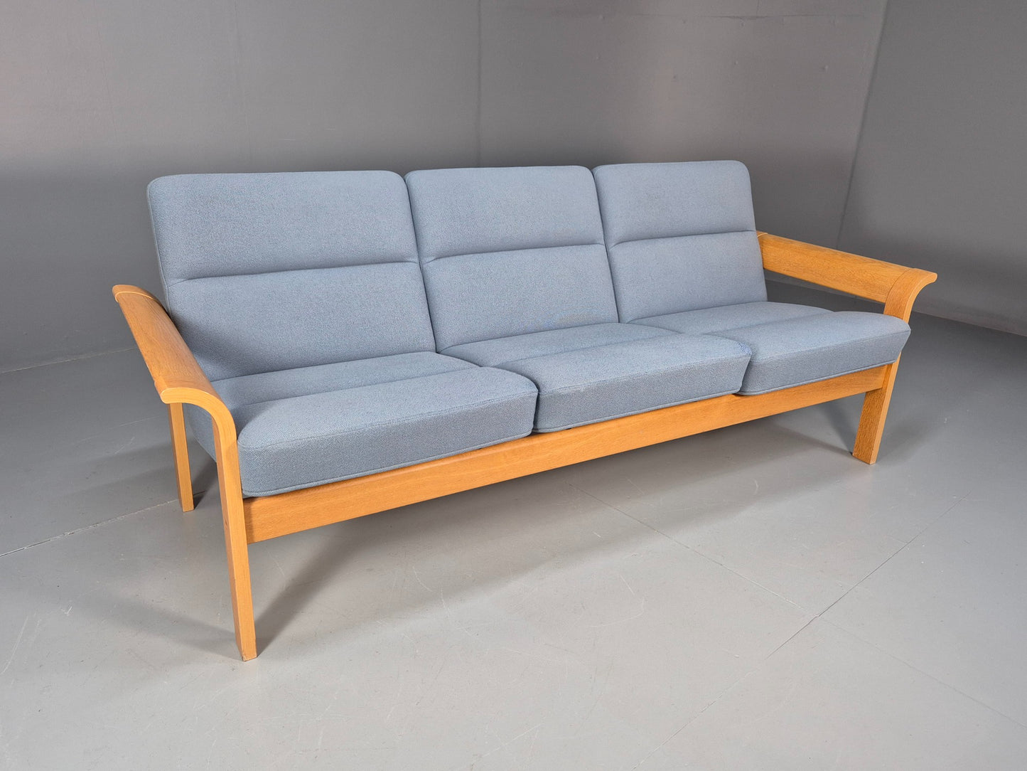 Vintage Danish Magnus Olesen Sofa Oak and Blue Wool 1970s EB9377 M3SS