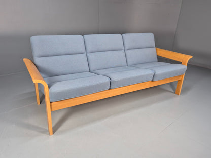 Vintage Danish Magnus Olesen Sofa Oak and Blue Wool 1970s EB9377 M3SS