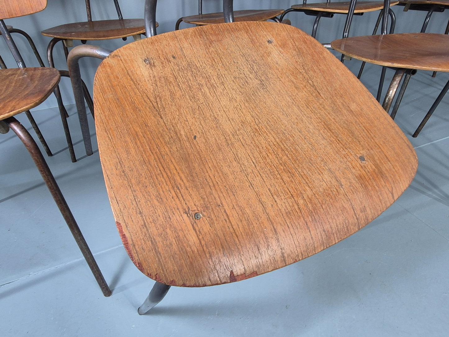 12 Vintage Danish Stacking Industrial Chairs Teak and Steel 1960s Retro EB12402