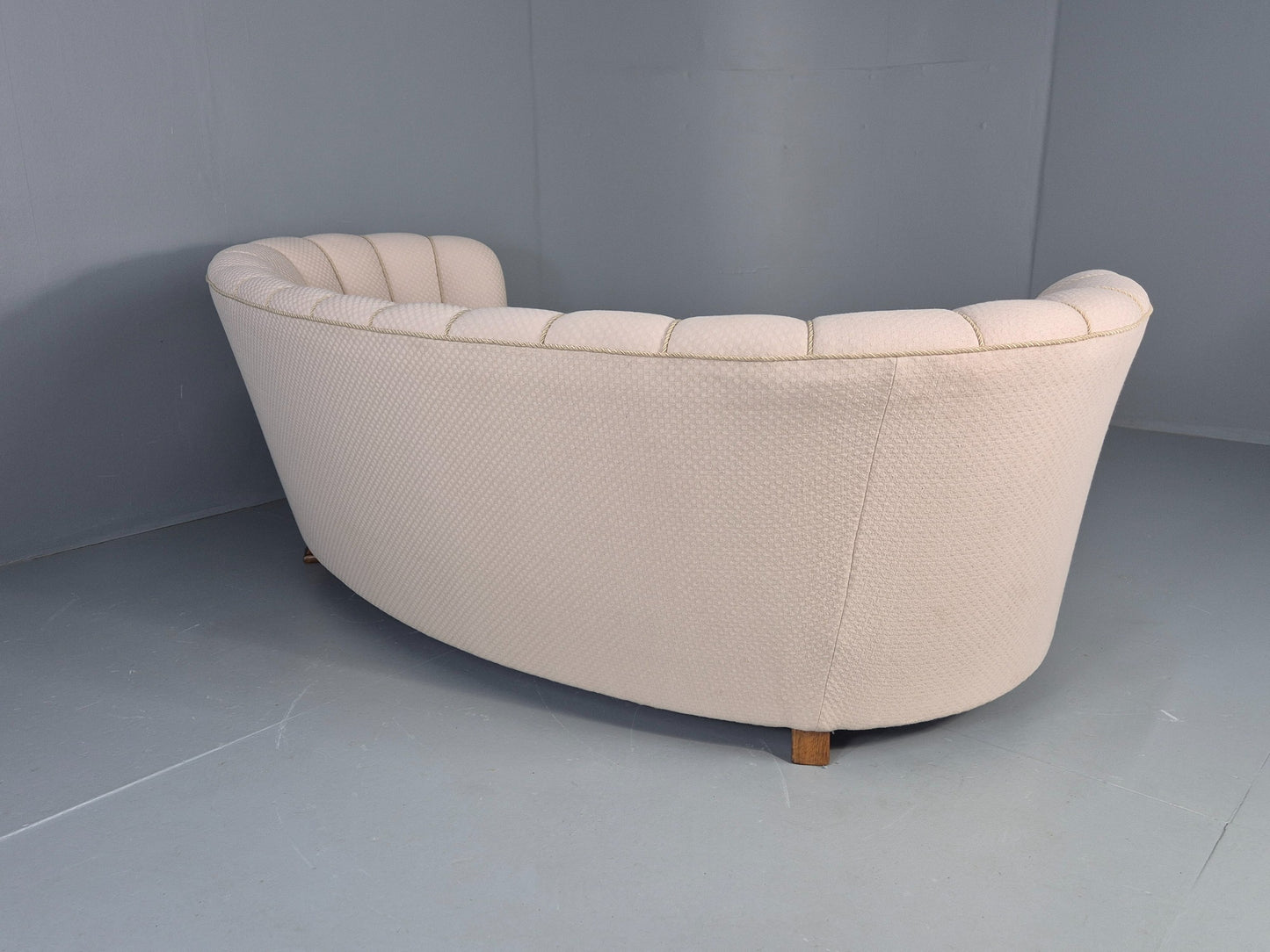 Vintage Danish Banana Sofa Art Deco 3 Seater Cream Cotton Upholstery EB12396
